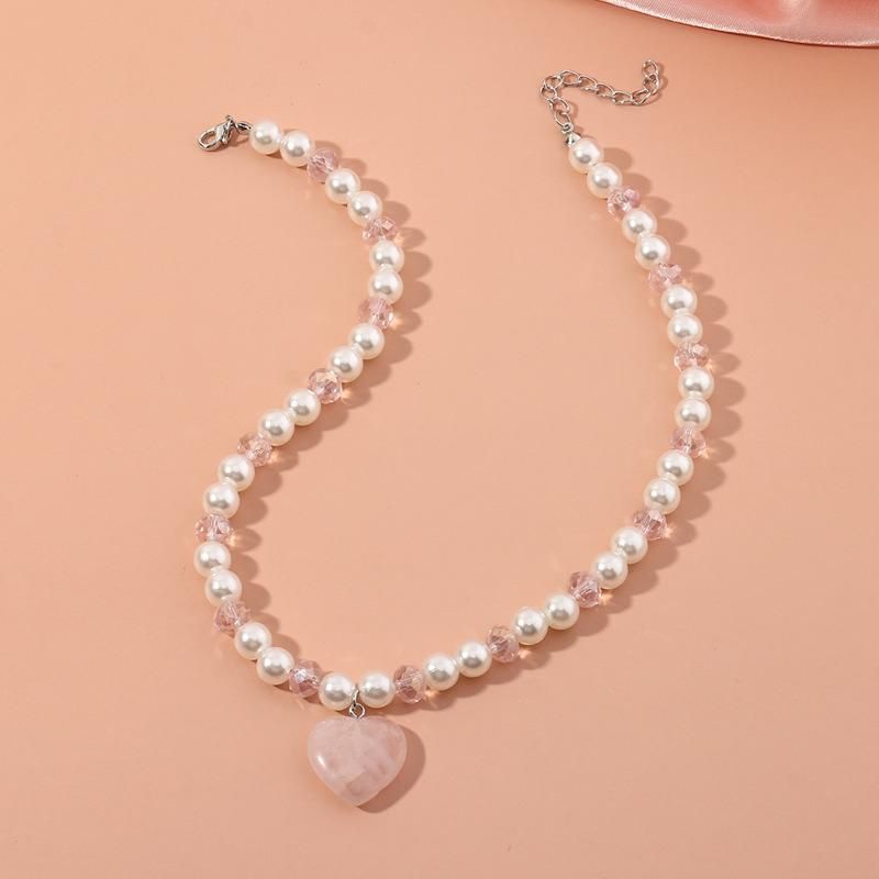 Fashion Jewelry Pearl Crystal Love Pendant Necklace Cute Girl Necklace