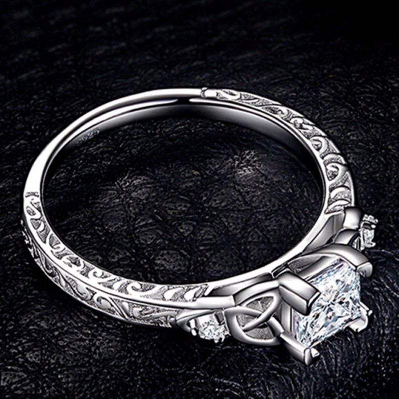 Celtic Knots Princess Cut Cubic Zirconia Solitaire Engagement Rings 925 Sterling Silver Jewelry Women