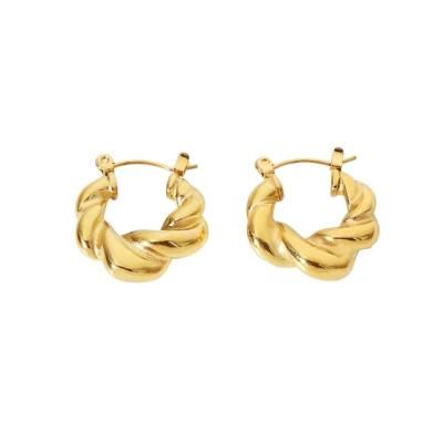 Custom Fashion Jewelry Chunky Waterproof Material Stainless Steel Twist Rope Circle PVD 18K Gold Plated Hoop Earrings