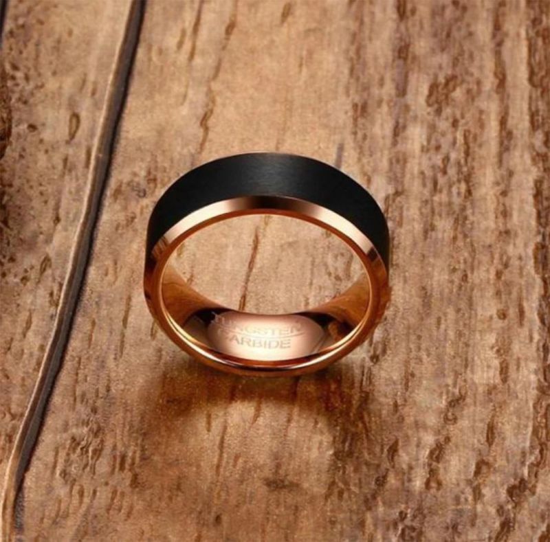 Factory Wholesale Tungsten Gold Ring 8mm Tungsten Steel Ring Black + Rose Gold Men′s Jewelry Ring Tst8253