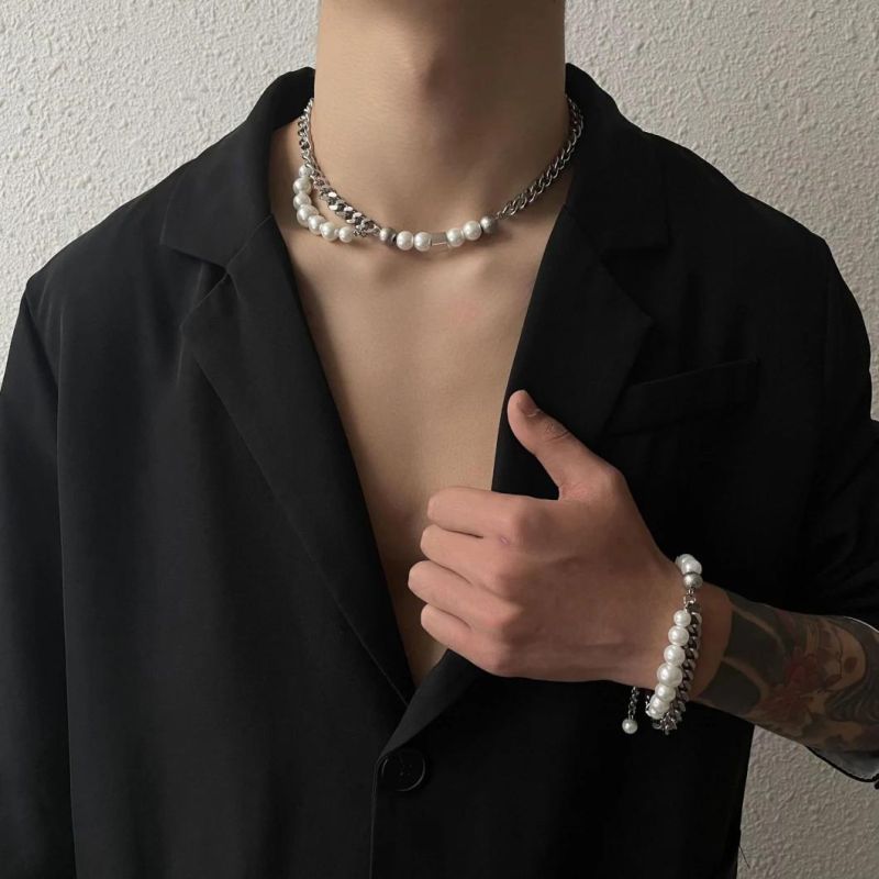 Manufacturer Custom Jewelry Set High Quality Stainless Steel Pearl Necklace Double-Layer Design Collarbone Chain Jewellery Set Men Fashion Jewelry Set