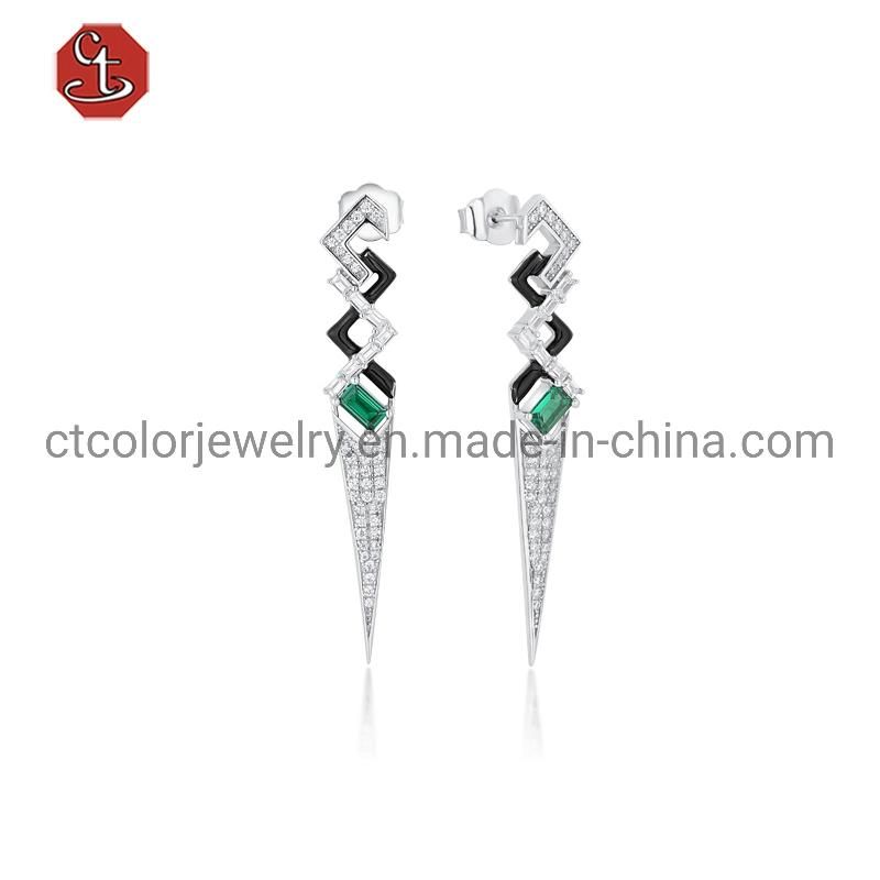 Women Girl Gift Fashion White Black Color Enamel Green CZ Cubic Zirconian Earring Sterling 925 Silver Jewelry