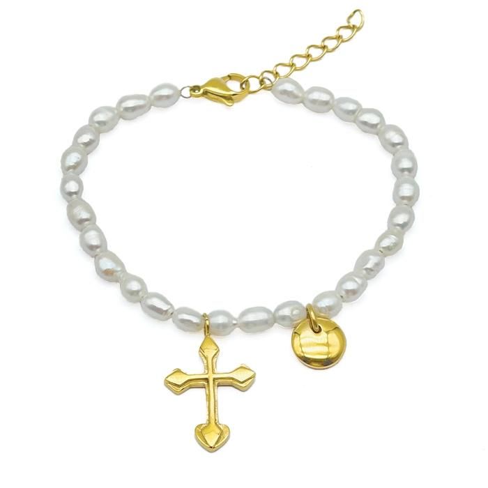 New Arrival 18K PVD Gold Plated Stainless Steel Cross Pendant Pearl Charming Necklace for Lady