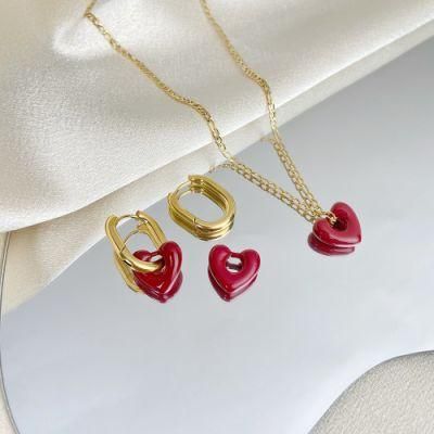 2022 New Fashion Jewelry 18K Gold Plated Stainless Steel Plum Color Open Heart Necklace Earrings Jewelry Set