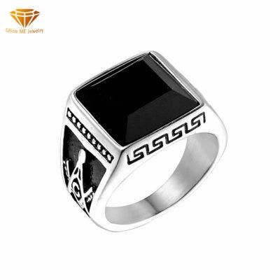 Hot-Selling Classic Retro Rings in Europe and America Titanium Stainless Steel Black Agate Masonic AG Ring for Men Sgmr1090