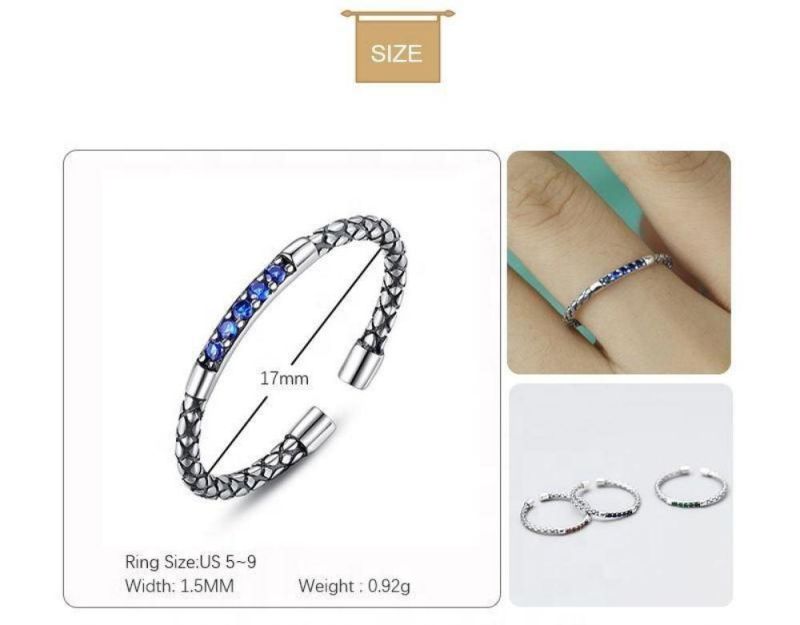 Trendy Serpentine Adjustable Rings with Red Blue White Zircon Real 925 Sterling Silver Ring Fashion Jewelry