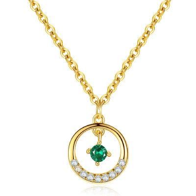 925 Silver Jewelry Emerald Zircon Geometric Circle Pendant Clavicle Chain Necklace Women Classic Party