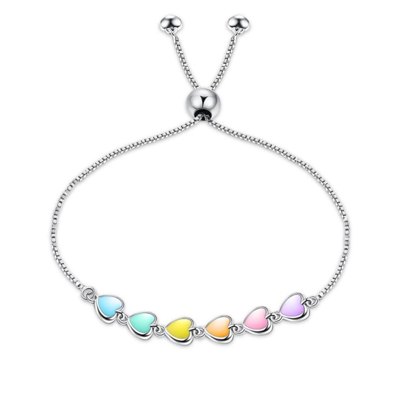 925 Sterling Silver Rainbow Heart Bracelet Heart-Shaped Girls Bracelet