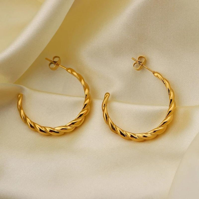 Ins Web Celebrity Ladies Gold Rope Twist Ring Earrings 18K Gold Plated Stainless Steel Earrings