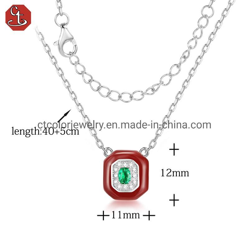 2022 fashion new center stone green glass rose enamel jewelry necklace