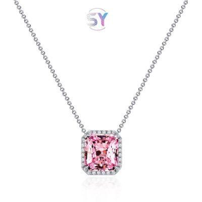 Fashion Jewelry Charm Radiant Cut 10mm*11mm Radiant Cut Pink Hugh Carbon Diamond 925 Silver Luxury Fashion Accessories Necklace