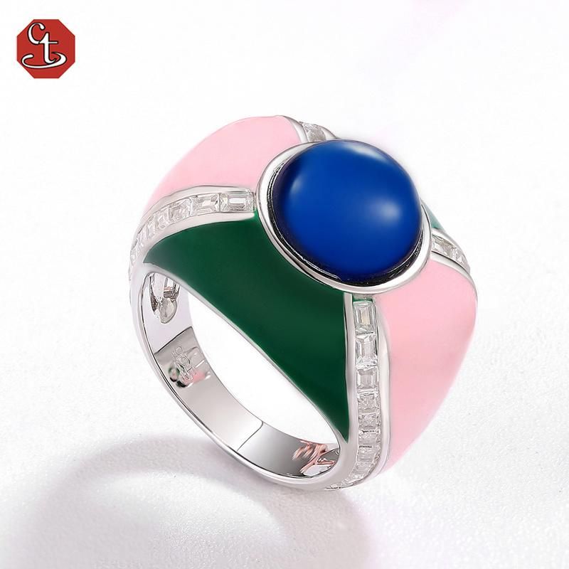 925 Sterling Silver Brass Rings Enamel Fashion Jewelry Enamel Geometric Rings Jewelry