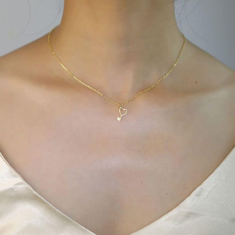 925 Sterling Silver 14K Gold Plated Hear Zircon Key Pendant Clavicle Chain Necklace Women Party Jewelry Gift