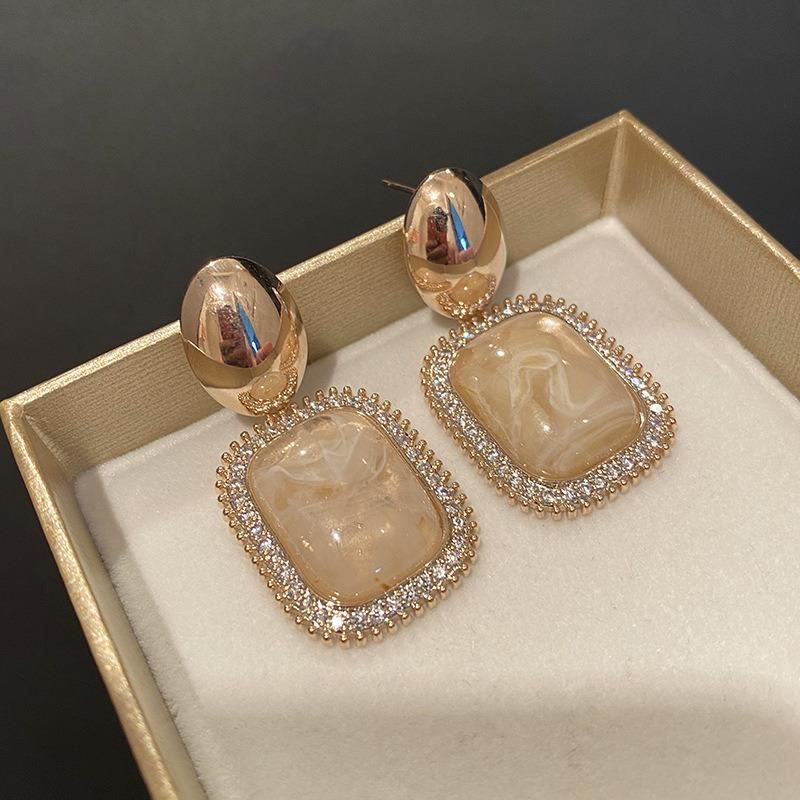 Fashion Jewelry Vintage Style Rectangular Resin Earrings Micro-Set Zirconia Earrings