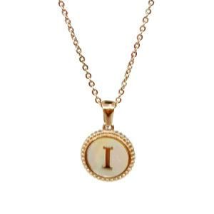 18K Gold Plated Necklace Round Disc Name Necklace Adjustable Chain Alphabet Letter Pendant with Shell Initial Necklace