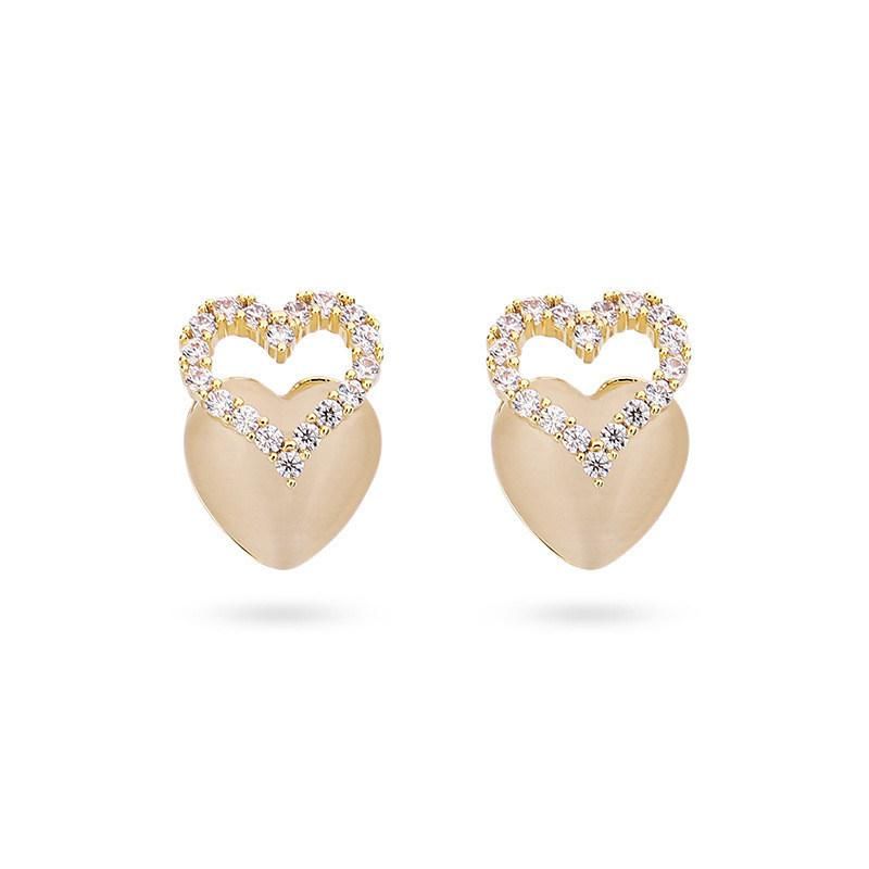 Gold Plated Pave Crystal Heart Overlap Heart Shape Cat Eye Stud Earrings for New Trendy Women Accessories