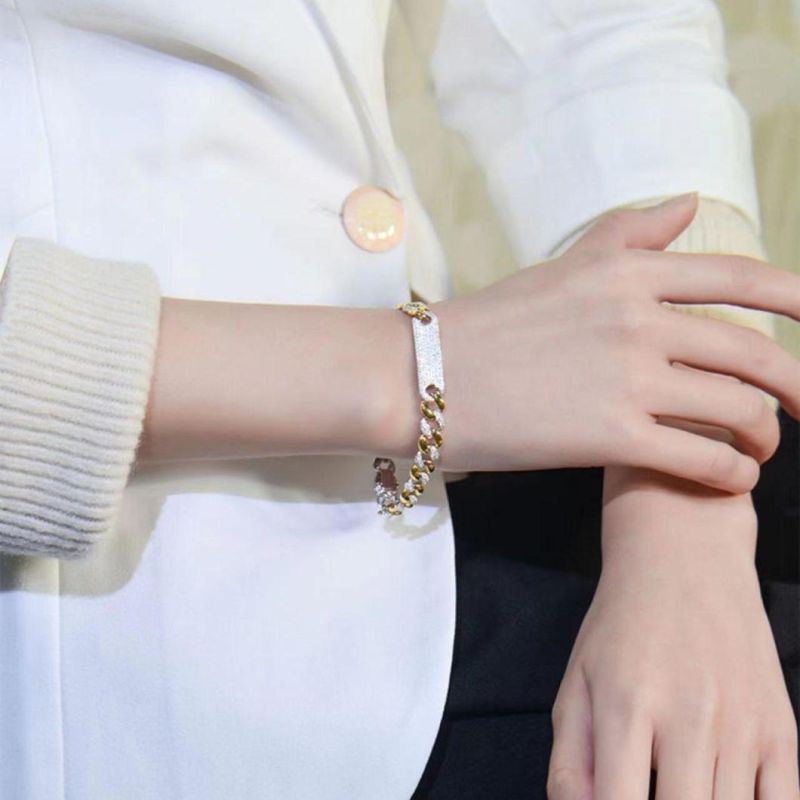 Fashion Hip-Hop Bracelet 18K Gold Plated Diamond Iced out Cuban Link Chain 925 Silver Bracelet with Buckle for Woman