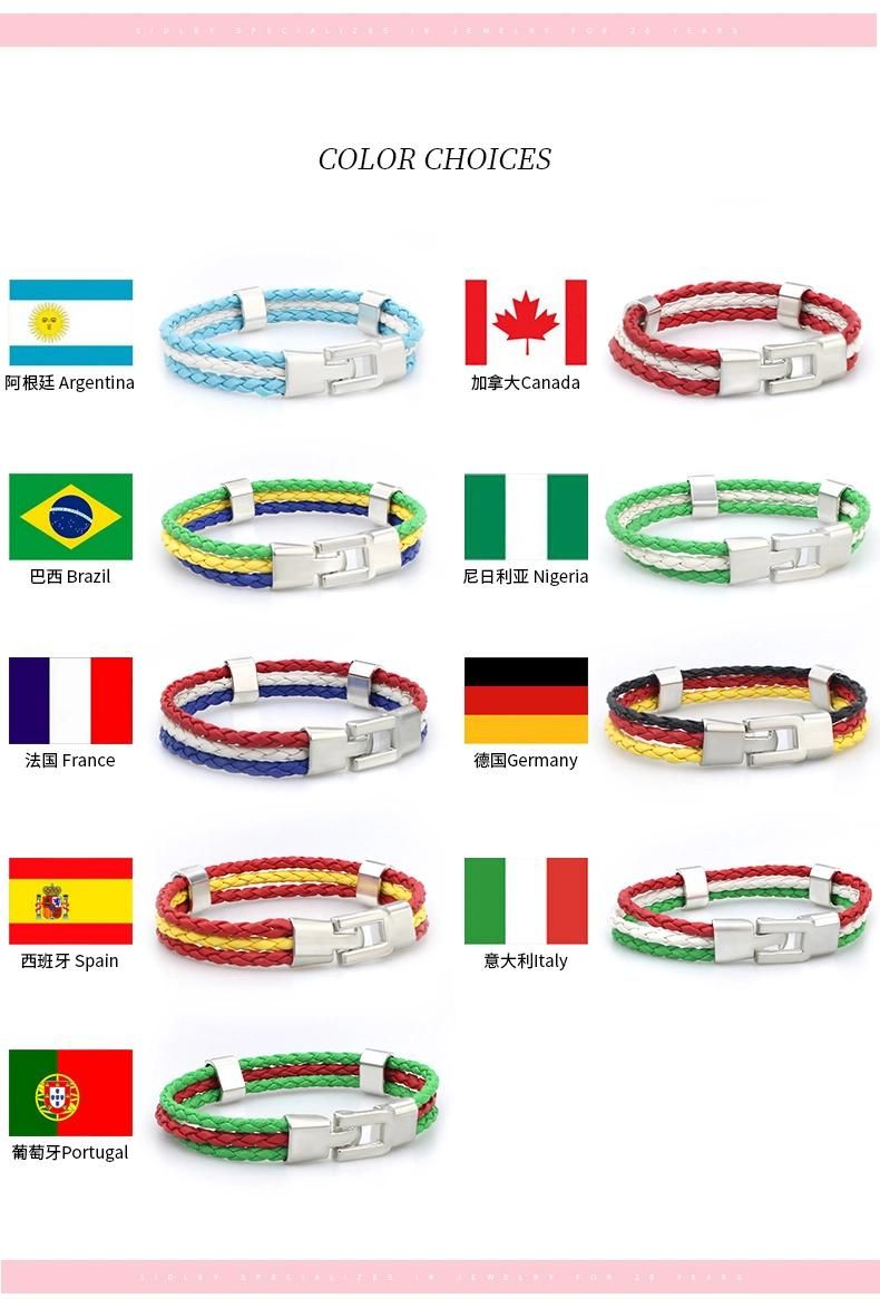 World National Flag Color Matching Leather Rope Woven Bracelet