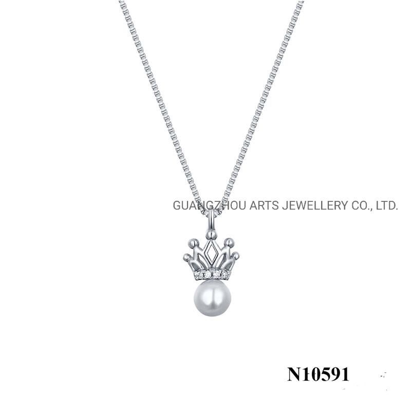 White Shell Pearl on Silver Crown Necklace