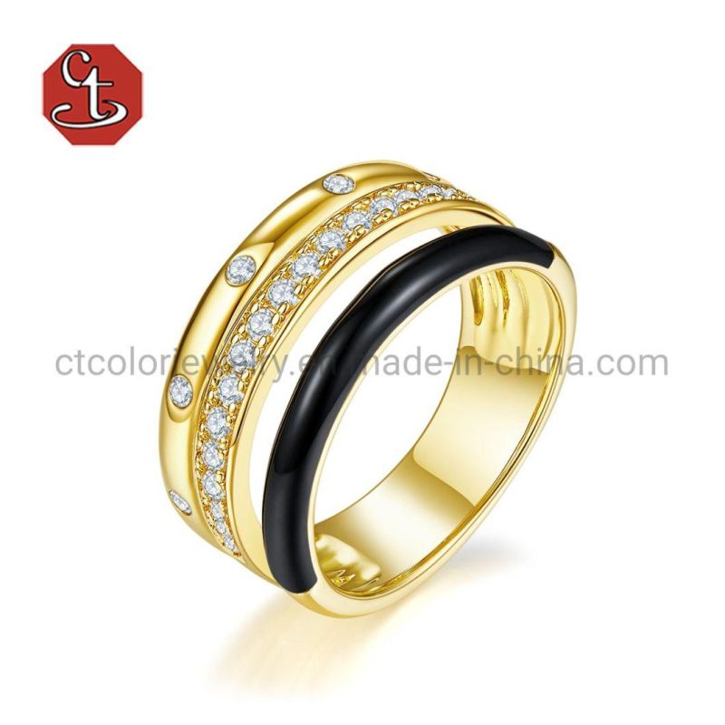 Cubic Zircon Black Enamel Silver or Brass Ring Gold Color Custom Enamel Jewelry