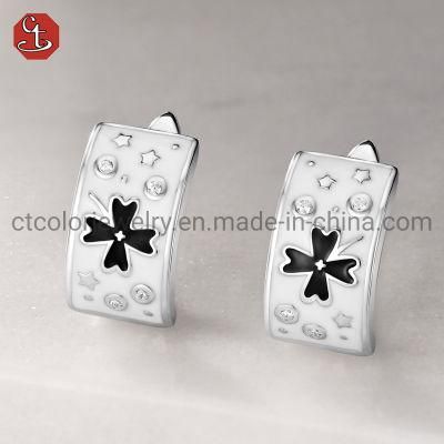 CT COLOR Wholesale Jewelry Lucky leaves 925 Sterling Silver white Enamel Earrings for women