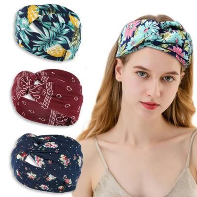 Wide-Brimmed Cross Headband for Ladies with Floral Knitted Sweat-Absorbent Head Band