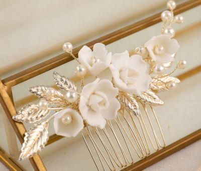 Gold Ceramic Flower Hair Comb, Bridal Wedding Crystal Perl Hair Comb Hair Vines Headpiece