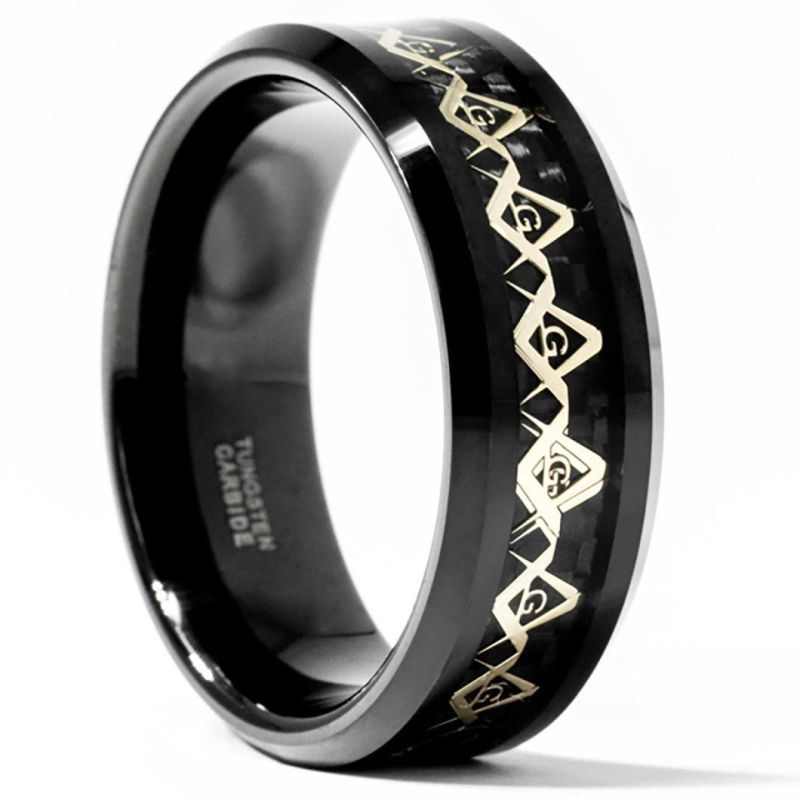 8 mm Black Tungsten Ring with Masonic Pattern Inlay