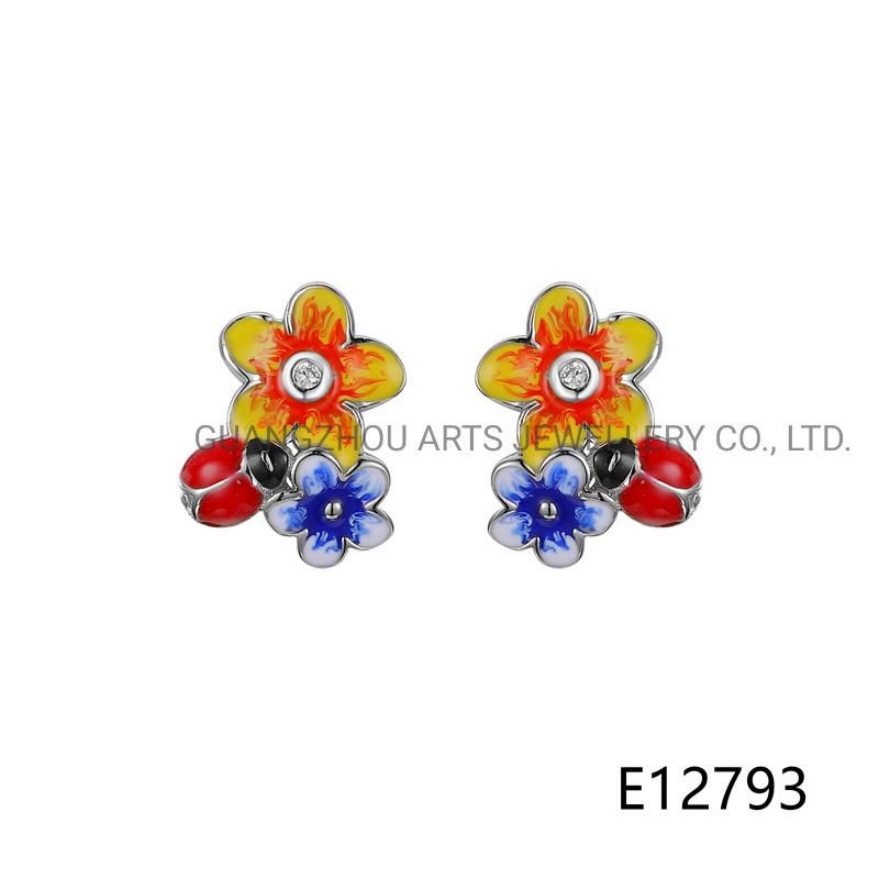 Handmade Cute Enamel Bug Flowers 925 Silver Stud Earring