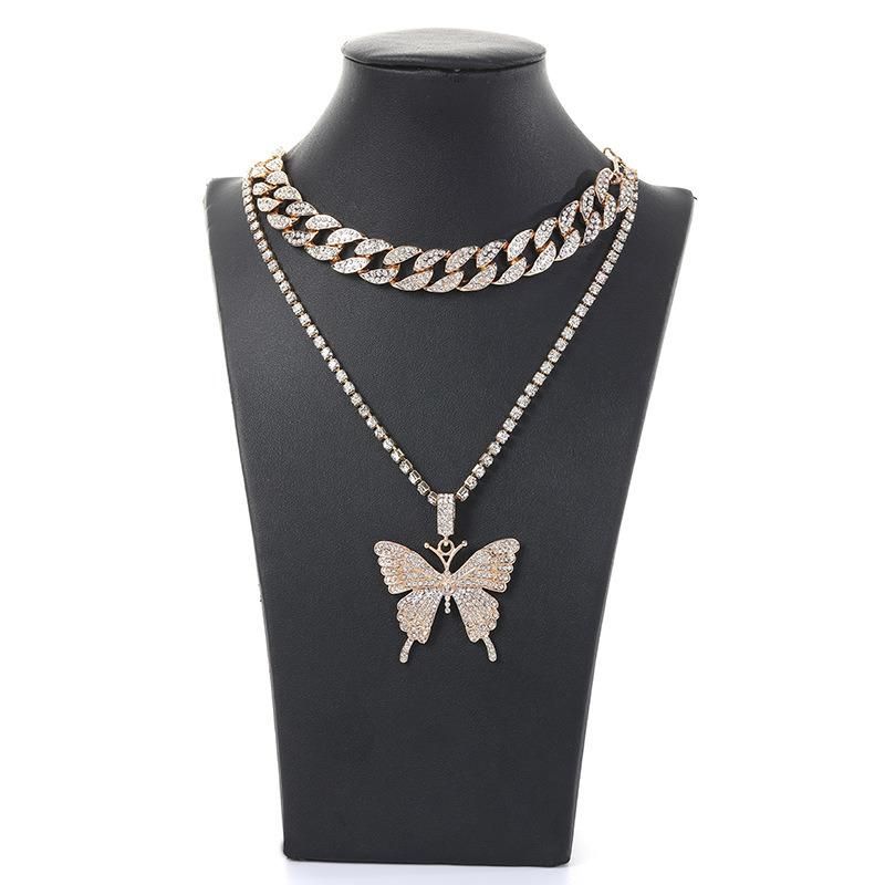Double Layer Big Butterfly Pendant Necklace Full Rhinestone Women Jewelry