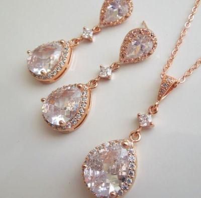 Wedding Pear CZ Earring Necklace Jewelry, Bridal CZ Necklace Jewelry, Bridesmaid Jewelry, Rose Gold Earring Necklace Jewelry