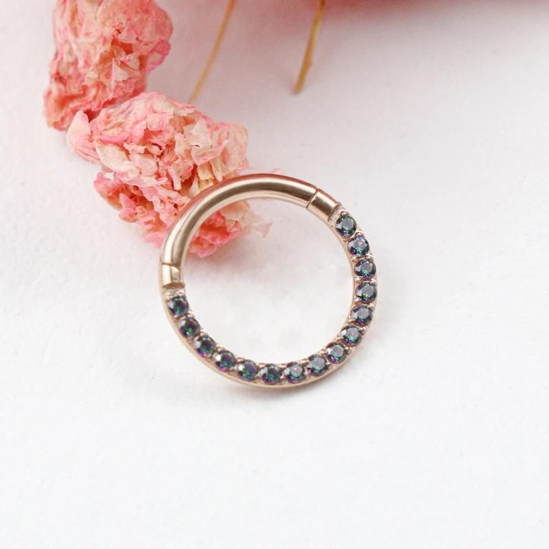 Eternal Metal ASTM F136 Titanium PVD Rose Gold Plated Rainbow Cubic Zircon CNC Setting Piercing Segment Ring Clicker