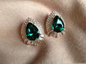 Fashion Green Crystal Teardrop White Rhinestones Stud Earrings Jewelry Jewellery for Women Girls Ladies