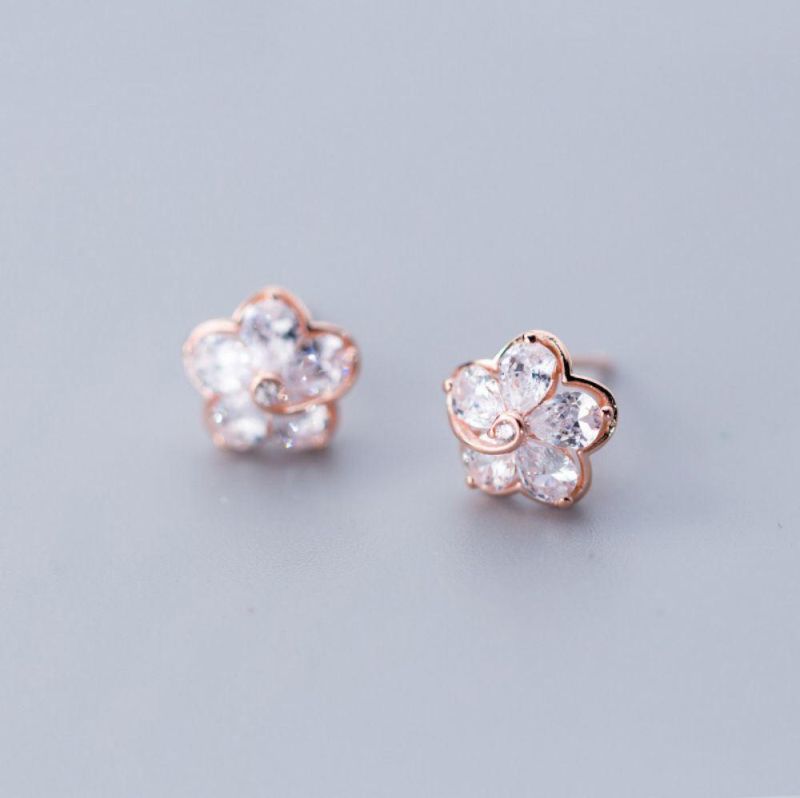 Real 925 Sterling Silver Earrings Sweet Flower with Zircon Stud Earrings for Women Girls Trendy Jewelry Gift