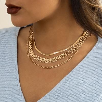 Manufacture New Design 3 Layered Flat Snake Link Wide Chain Choker Necklace for Fashion Women
