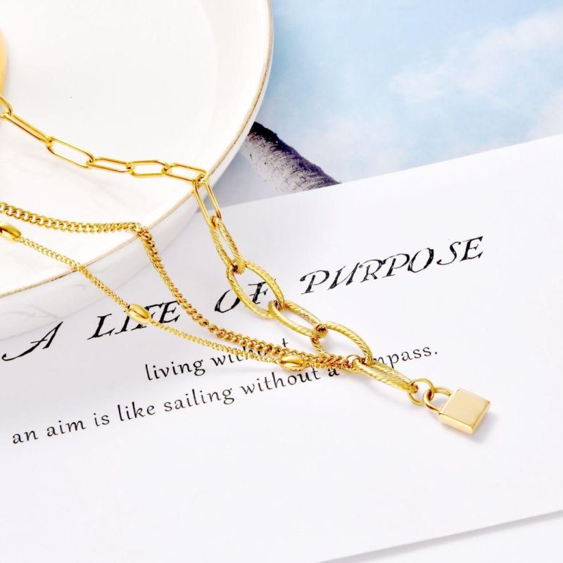 Fashion Jewelry Costume Jewellery Accessories Gold Plated Stainless Steel Necklace with Lock Pendant