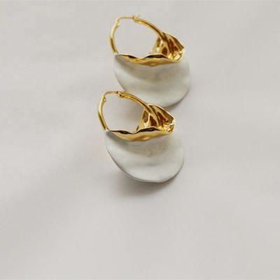 Boho Statement Oversized Golden Round Circle Enamel White Wafer Dangle Hoop Earrings Jewelry