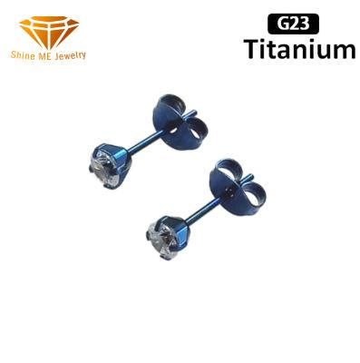 Popular ASTM F136 Titanium G23 Titanium Zircon Four-Claw Ear Studs Anodizing Titanium Blue Ear Stud Piercing Jewelry Factory Wholesale Tper12c