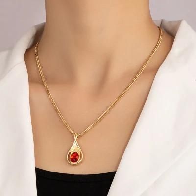 Manufacture Red Stone Big Cut out Teardrop Pendant Necklace for Women Fashion Accessories