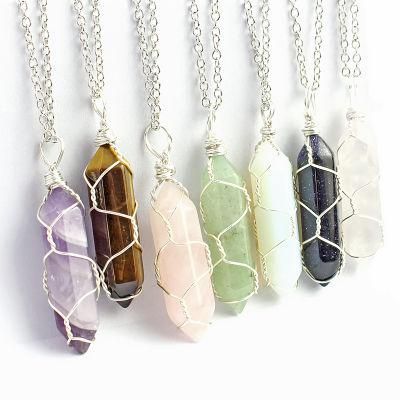 Amazon Wish Explosion Models Hexagonal Column Crystal Handmade Natural Stone Bullet Pendant Rose Quartz Necklace