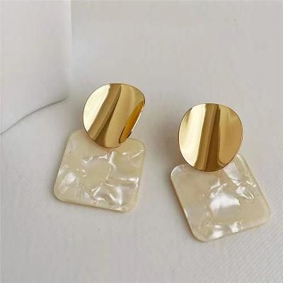 Manufacture Retro Square White Natural Shell with Round Domed Disc Stud Earring for Women Fashion Jewelry Bijoux Accessories