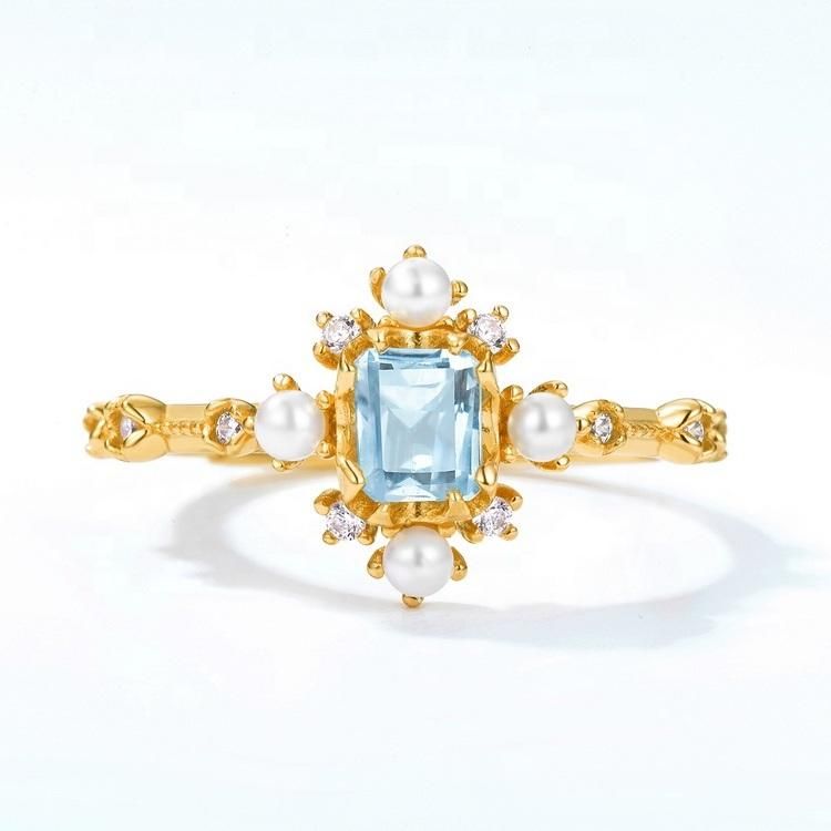 Vintage Gemstone Ladies Rings S925 Sterling Silver Sky Blue Topaz White Shell Cubic Zirconia Jewellery Finger Ring