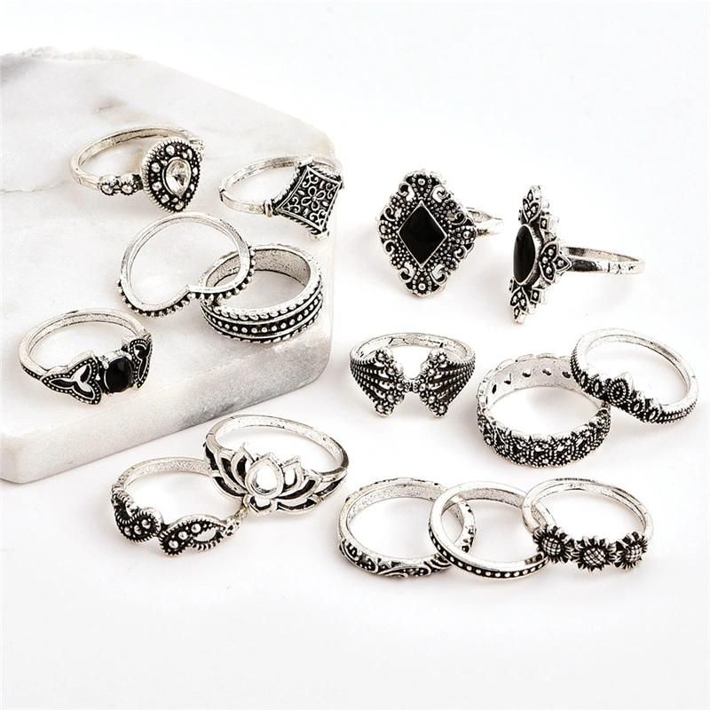 15 PCS/Set Bohemia Retro Leaves Lotus Silver Rings Set Fashion Jewelry