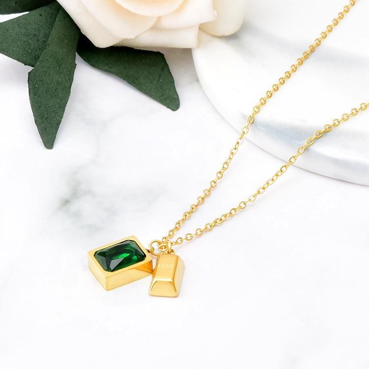 Factory Wholesale Fashion Jewelry Ins Wind 18K Gold Stainless Steel Necklace Green Square Zircon Pendant Fashion Retro Women′s Necklace
