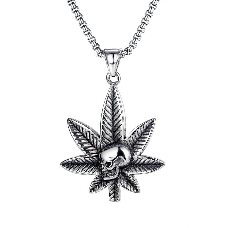 Stainless Steel Skull Necklace Leaf Skull Pendant Fashion Jewelry for Mens