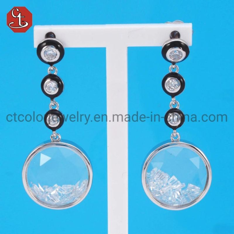 White Black Color Enamel Silver or Brass Jewelry White CZ Double Ball Earrings Fashion Dangle Jewelry