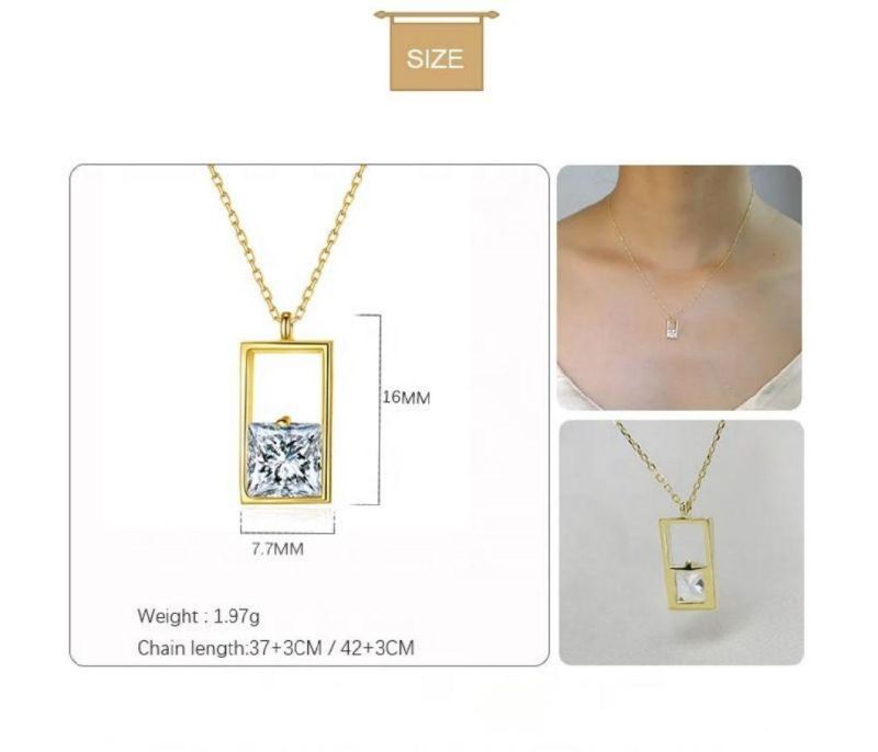 925 Sterling Silver Simple Square Zircon Pendant Necklace Women Clavicle Chain Classic Vintage Jewelry