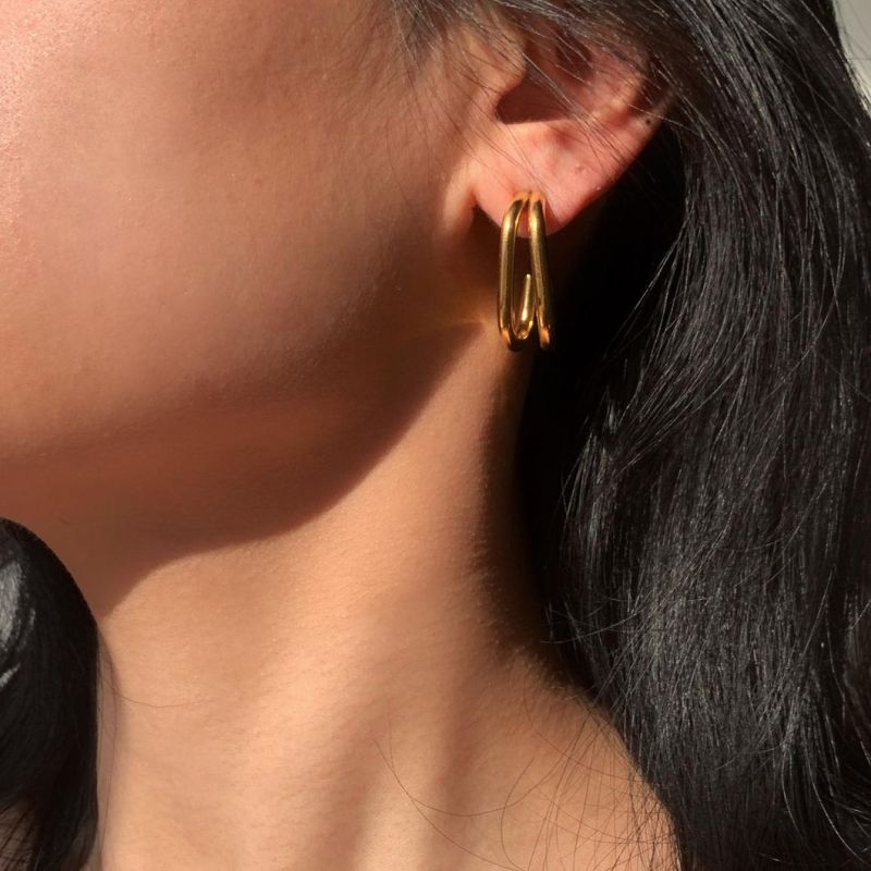 Factory Customized European and American Ins Net Red Same Earrings 18K Gold-Plated 316L Stainless Steel Double Geometry C-Ring Earrings Female Jewelry