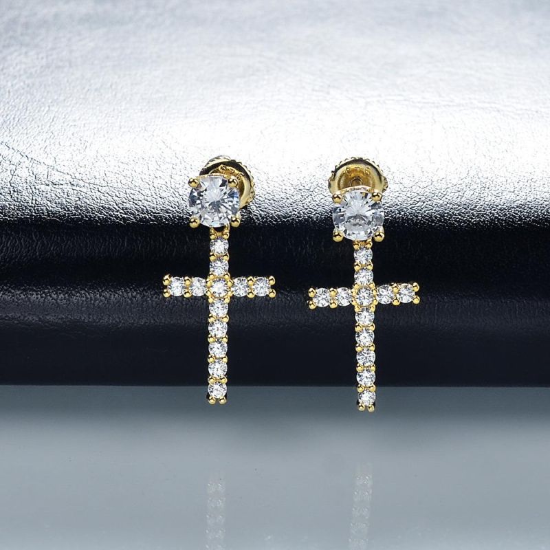 Big Mens 18K Gold Cubic Zirconia Cross Dangle Long Earrings