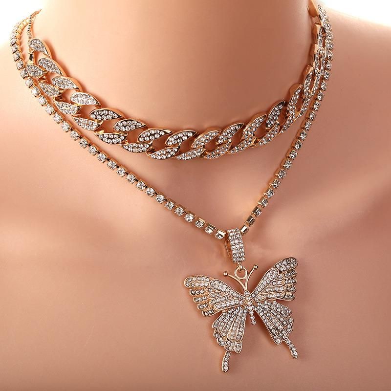 Double Layer Big Butterfly Pendant Necklace Full Rhinestone Women Jewelry